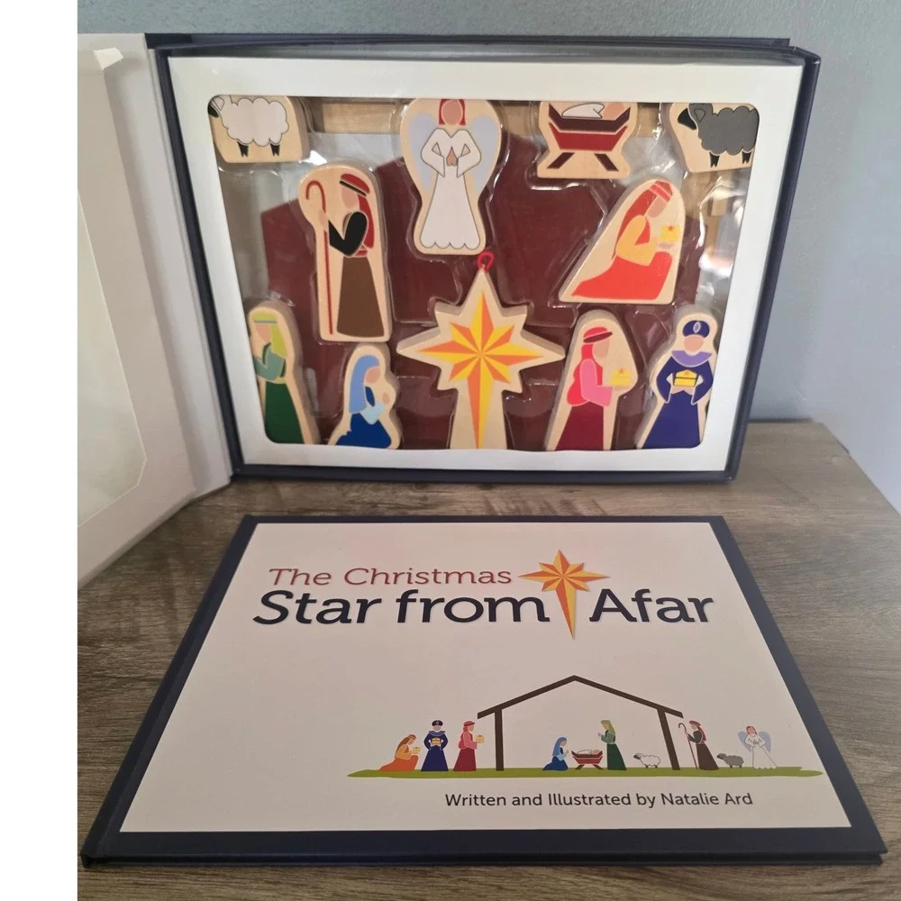 The Christmas Star from Afar Wooden Nativity Set and Book Natalie Ard 16 Piece
